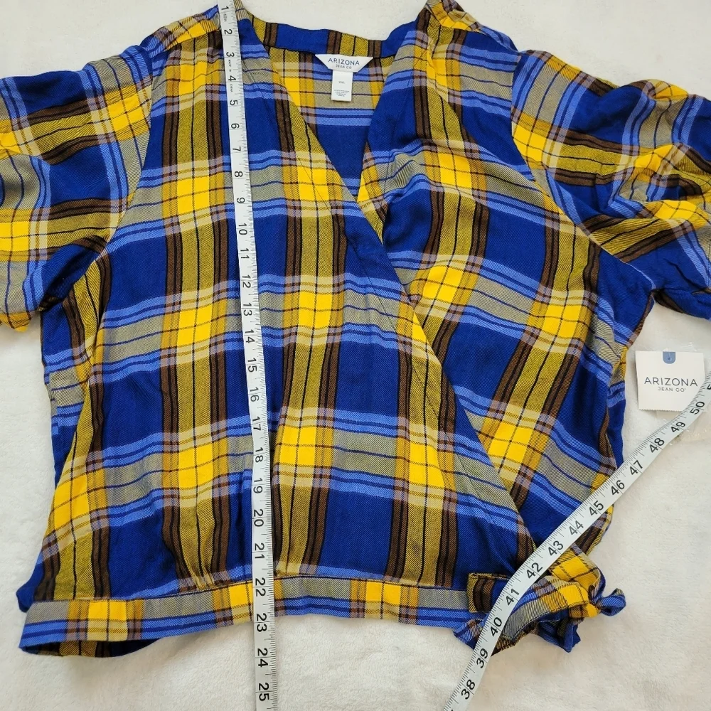 Arizona Jean Co Yellow & Blue Plaid Wrap Tie Shirt xxl - Picture 8 of 9